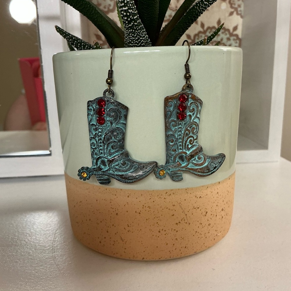 Western Boot Earrings with Red and Turquoise Accents